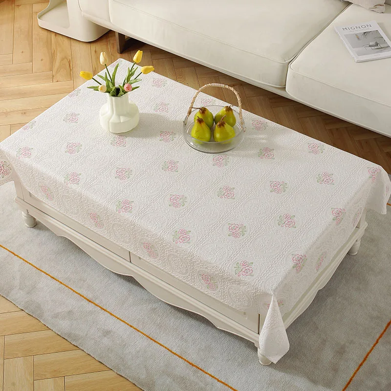 PVC Lace Tablecloth Waterproof Washable and Erasable Table Linen Tea Table Cloth Rectangular Table Cover Beige Pink