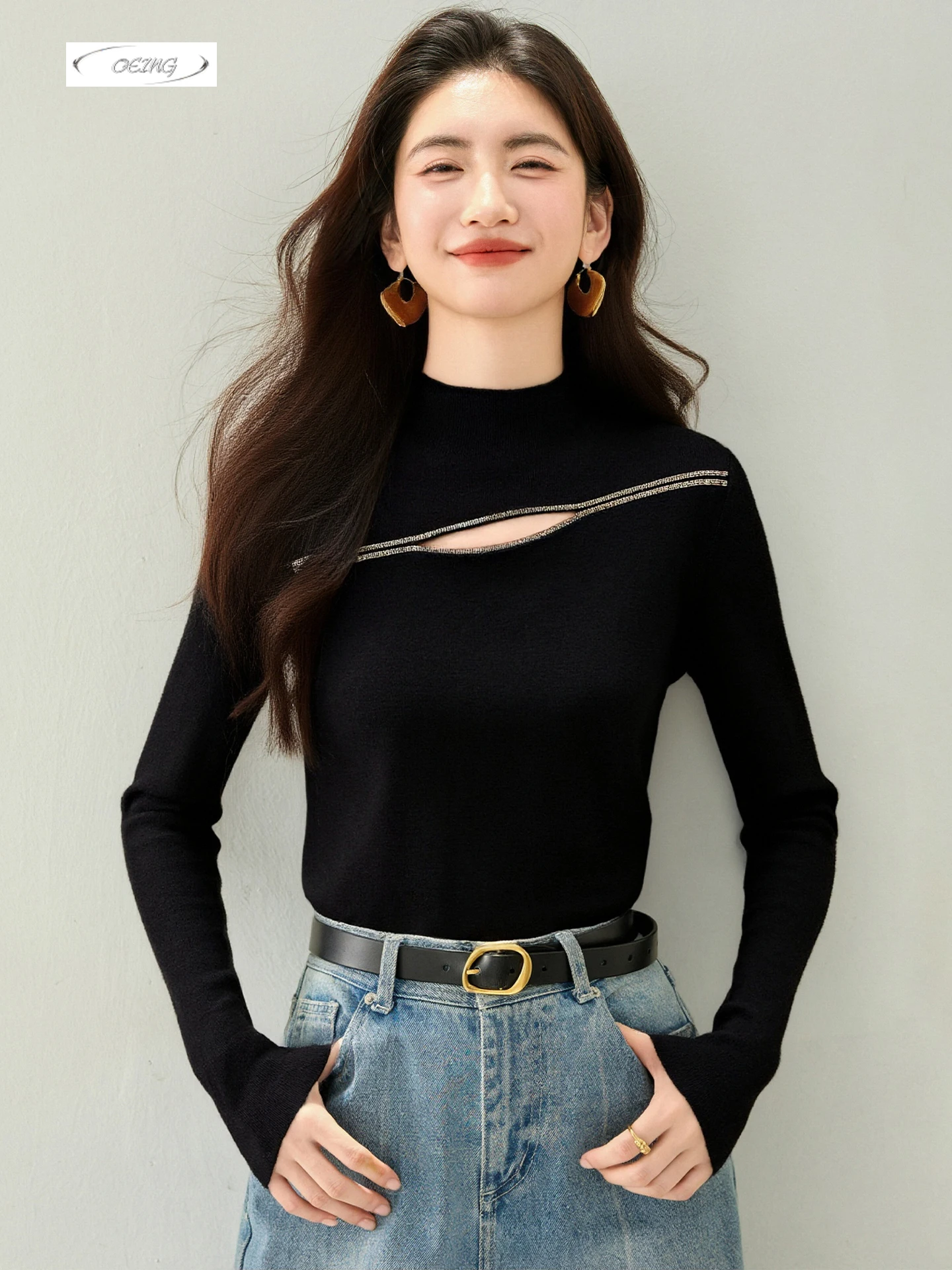 

Осень-зима шикарная сексуальная рубашка с воротником-стойкой и длинным рукавом, черная нижняя рубашка, вязаный пуловер, свитер для женщин, трикотаж 9791