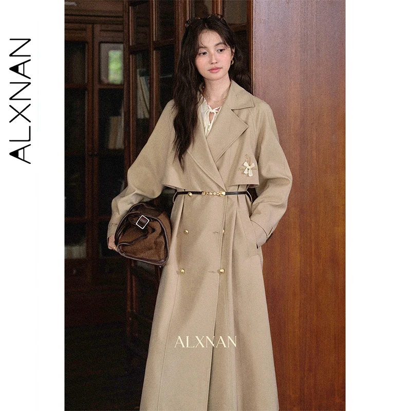 

ALXNAN Ветровка средней длины цвета хаки для женщин, длинный плащ с вышитым бантом, тренд 202, осень 2023, повседневное тонкое пальто L57013