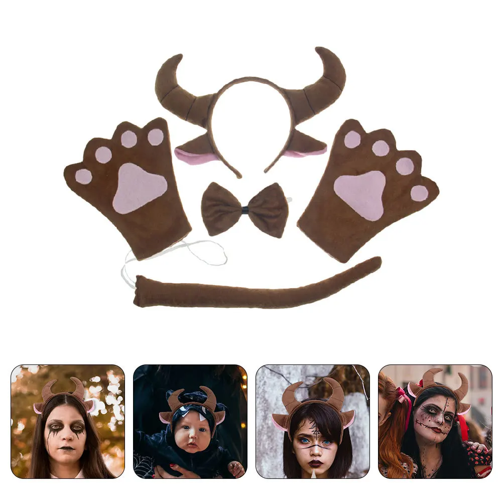 1 Satz Kopfbedeckung Tier Cosplay Kostüm Kinder Ochsenhorn Halloween Party Schwanzohren Ochsenhorn Kostüm Set Stirnband Zubehör