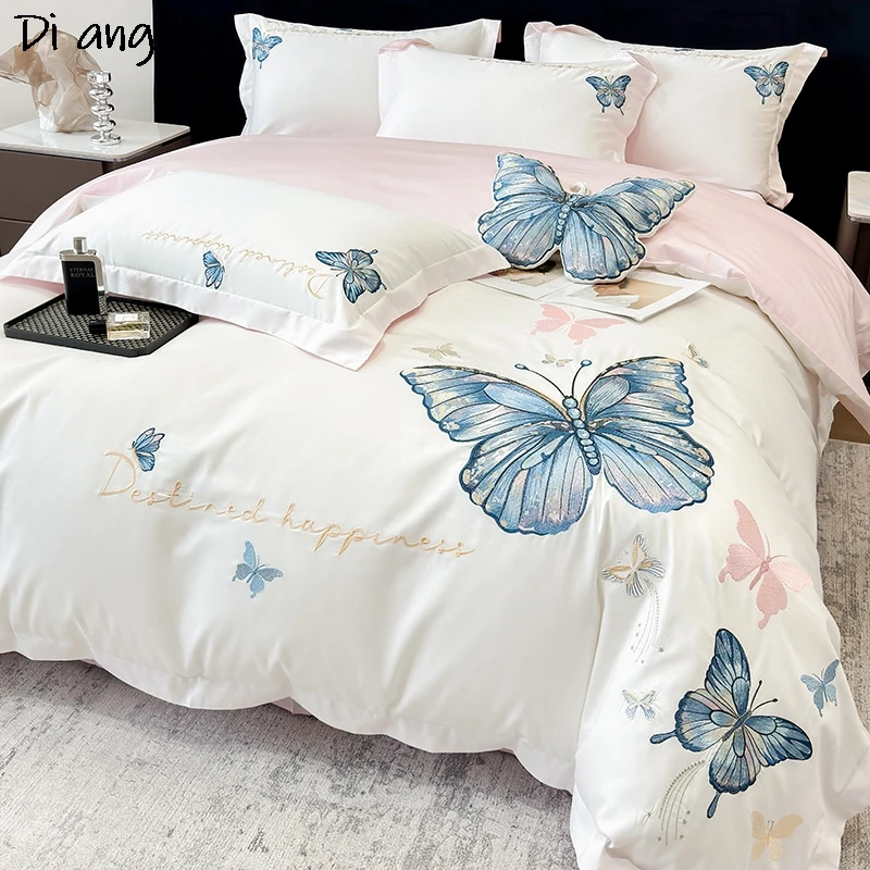 RU Europe 600TC Egyptian Cotton Luxury Bedding Butterfly Embroidery Queen King Duvet Cover Bed Sheet Pillowcase Flat Sheet #/L