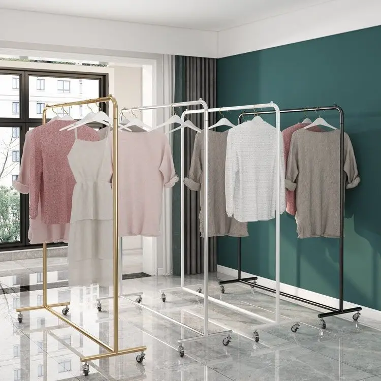 Women's clothing store mobile clothes rack with wheels floor gantry hanging clothes