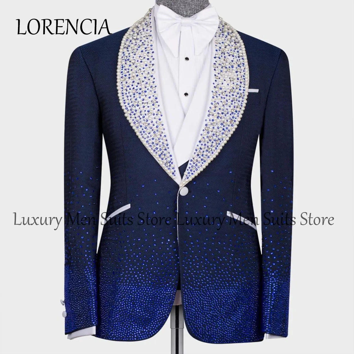 

Sparkly Beaded Crystals Men Suits White Shawl Lapel Male Party Blazer 2 Pieces Set Groom Wedding Tuxedos Slim Fit Costume Homme