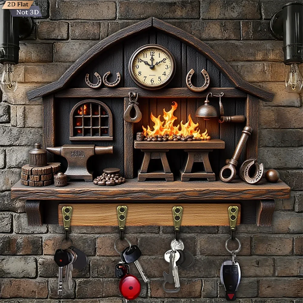 2D Flat, 1pc, Retro Blacksmith Workshop Key Hook, Wooden Multifunctional Home House Key Hook, with Four Metal Hooks, Wall
