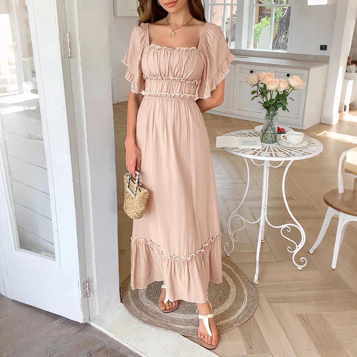 

Party Dress Women Long Dresses A Line Vestidos Streetwear Square Collar Short Sleeve Ruffles Elegant Splice Y2k Work Summer 2025