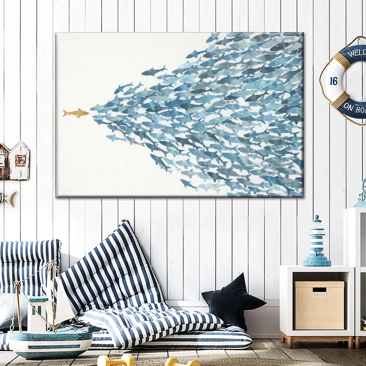 1pc, Watercolor School of Blue Fish with One Orange Fish Wall Art, Abstract Ocean Poster, Unframed Canvas Print for Home Decor