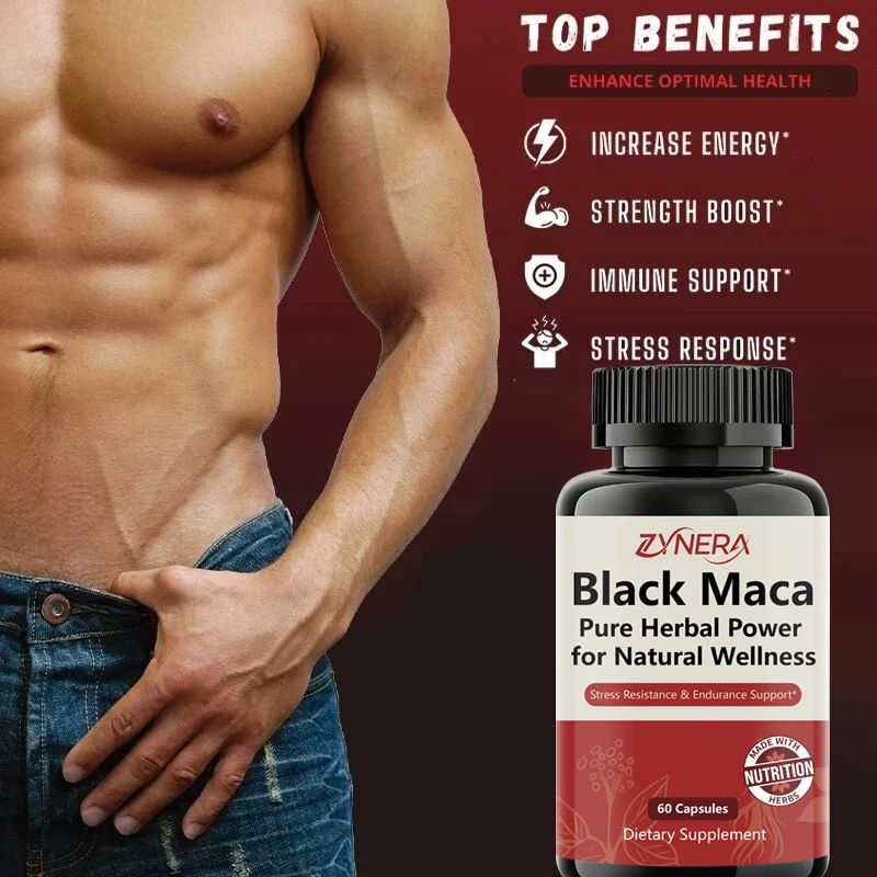Cápsulas de extrato de maca preta para homens, força muscular, imunidade, vitalidade, saúde, resistência, foco, suplemento de desempenho para adultos