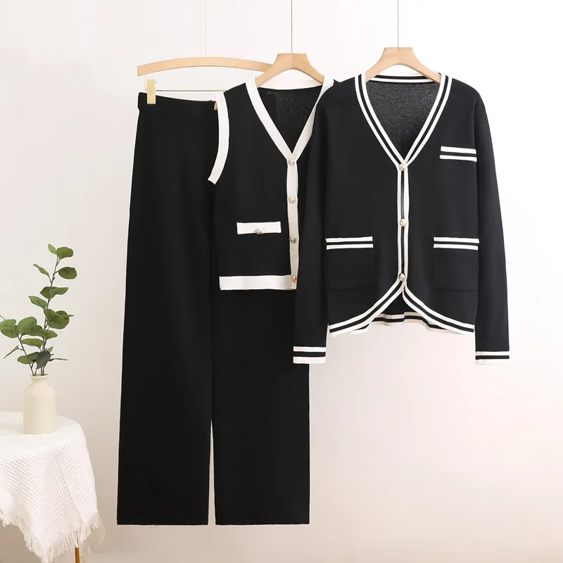 Korean Design Knitted 3 Piece Sets Women V-neck Sleeveless Vest Single Breasted Knit Cardigan Suits Casual Wide Leg Pants Outfit