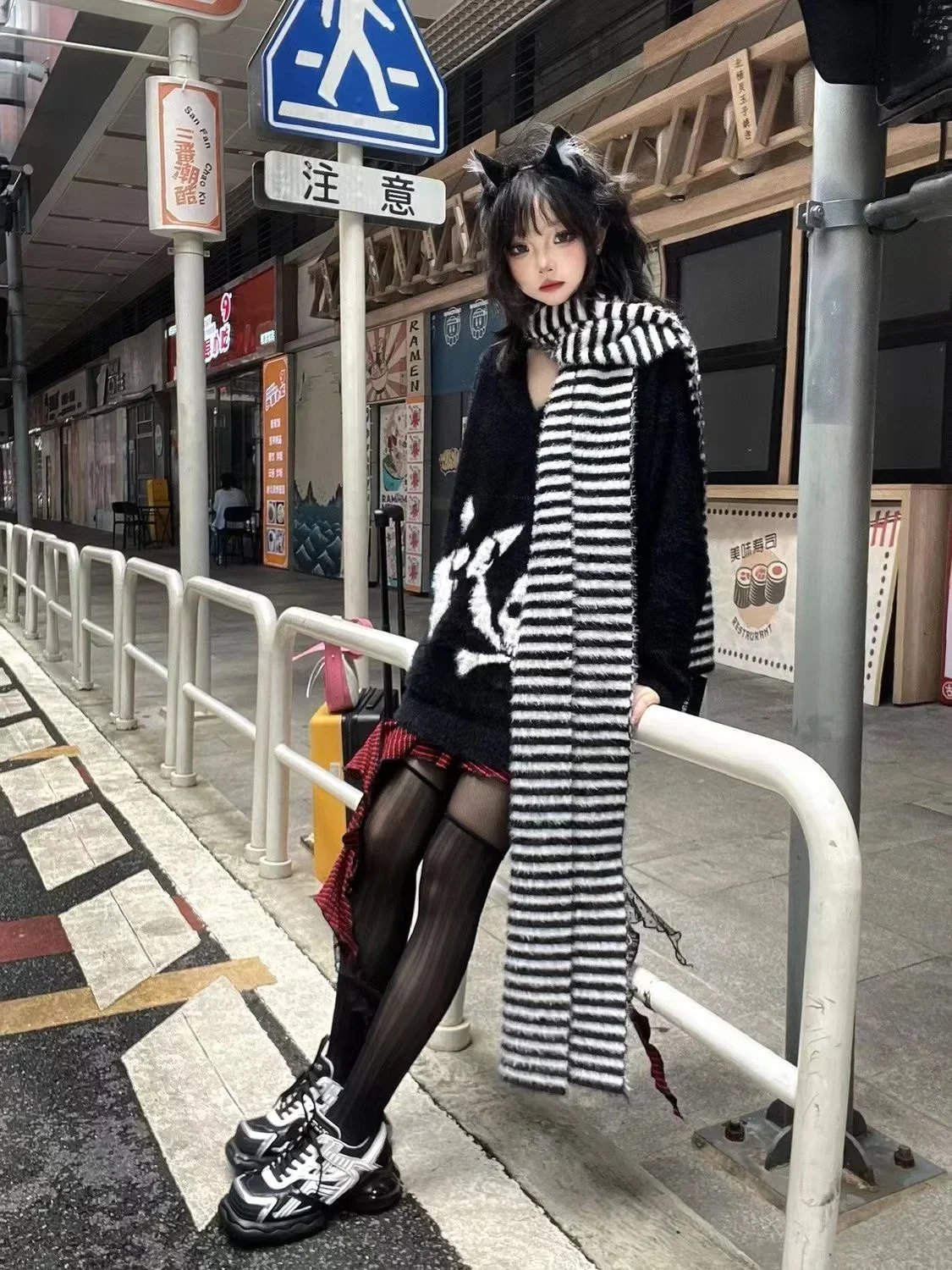 Black Gothic Skull Sweater Cyber Y2k Grunge Fairy Core Knitwear Striped Scarf Punk Mohair Pullover Women Emo Alt Knitted Jumper