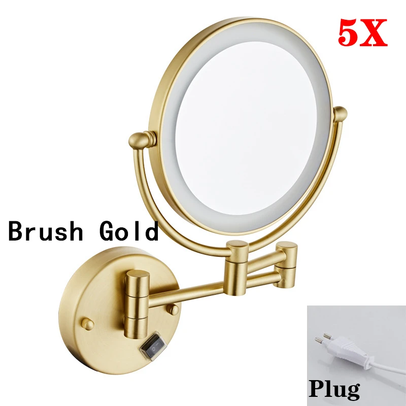 Rose Gold Led Opvouwbare Badkamerspiegel Wandmontage Verlichte Home Hotell Badkamer Make-upspiegel 5X Vergrotende Plug Badspiegels