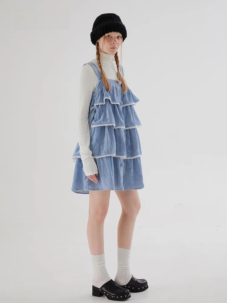 

FFRINGE Original Blue Velvet Cake Skirt Multi-layered Strapless Dress Youthful Girl Style Sweet Style Autumn 2023