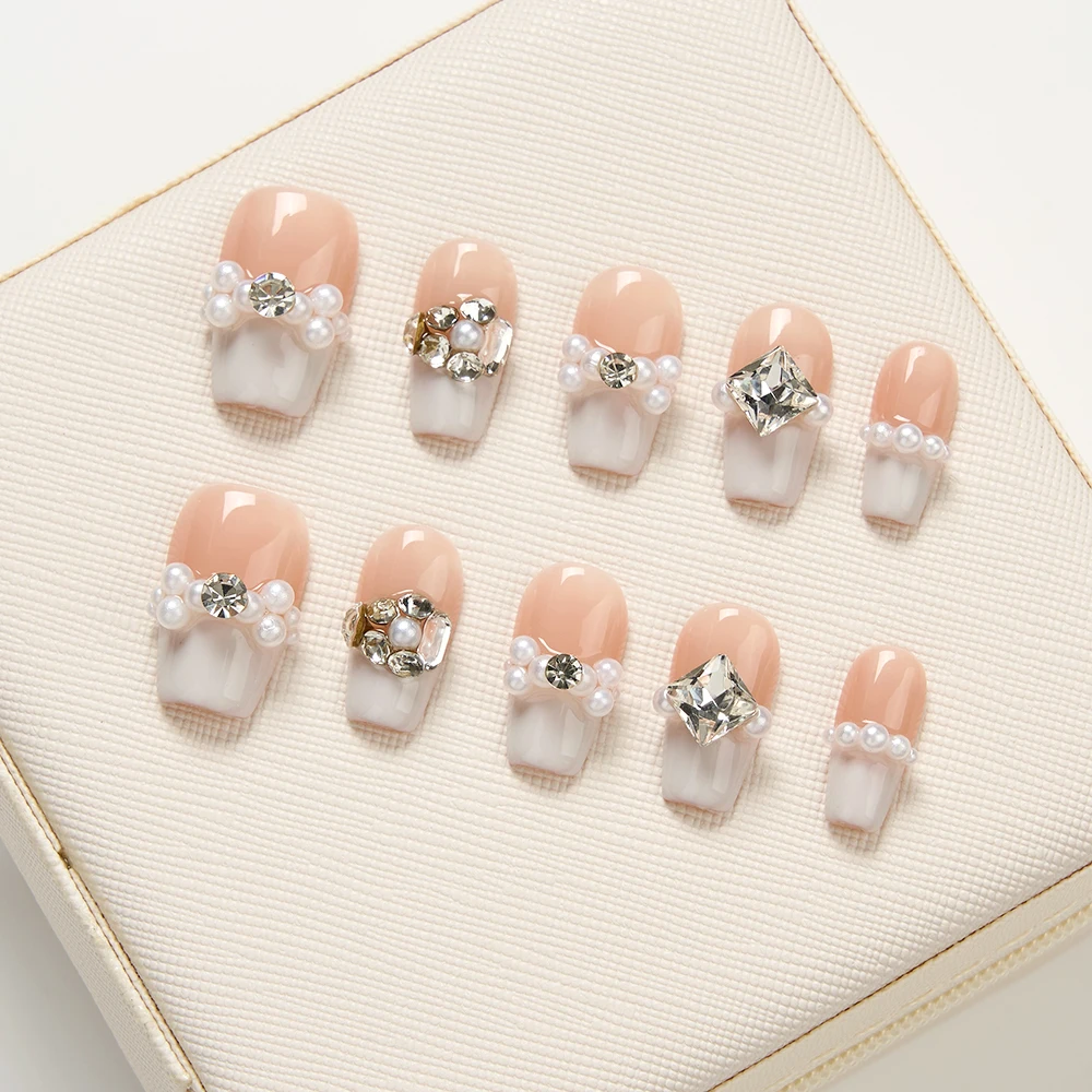 

10pcs Handmade Press on Nails Pearl French Cat's Eye Flashing Diamond False Nail for Women&Girl Detachable Wearable Nail Art