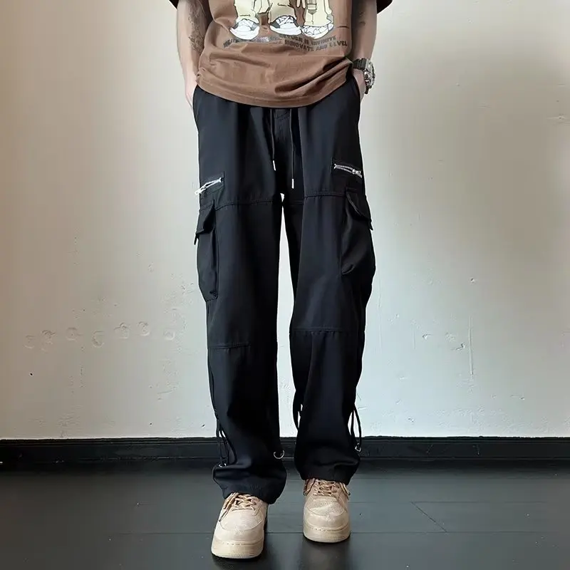 

Men Solid Multi Pocket Loose Baggy Pants Hip Hop Elastic Waist Wide Leg Mop Cargo Pants Male Jogger Trousers Sweatpants