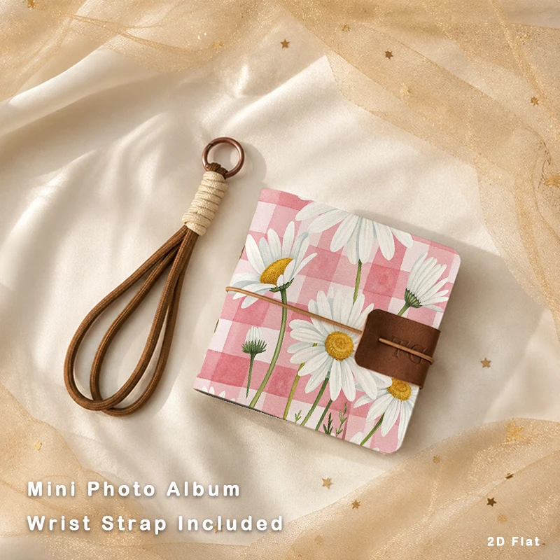 40 Pages Square Photo Storage Album Holds 80 Photos, Pink Grid Daisy Floral Pattern PU Bound Mini Album Fits 3 Inch Travel Snaps