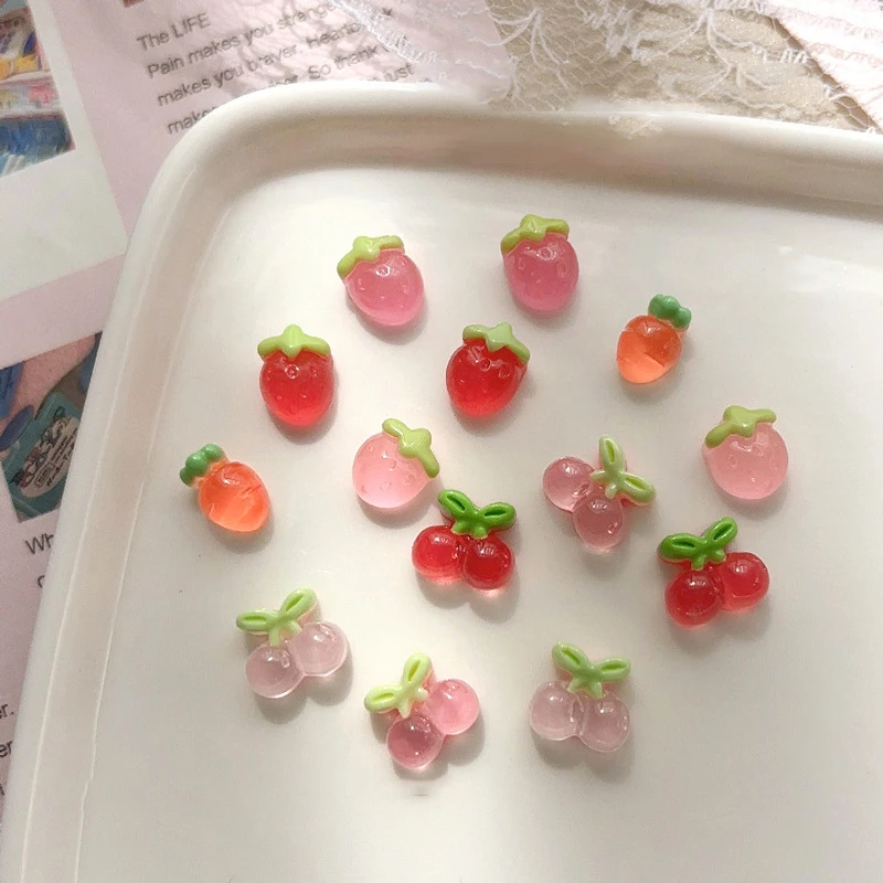 10 Uds. De Mini figuritas de resina con forma de cereza y fresa para decoración de uñas, figuritas de piedra con parte posterior plana para álbum de recortes, manualidades de decoración de joyería DIY