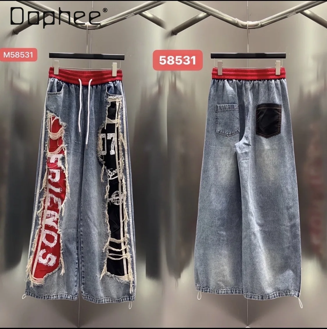

Vintage Distressed Patchwork Wide Leg Denim Jeans Letter Print Streetwear Baggy Pants 2026 New Heavy Industry Trousers