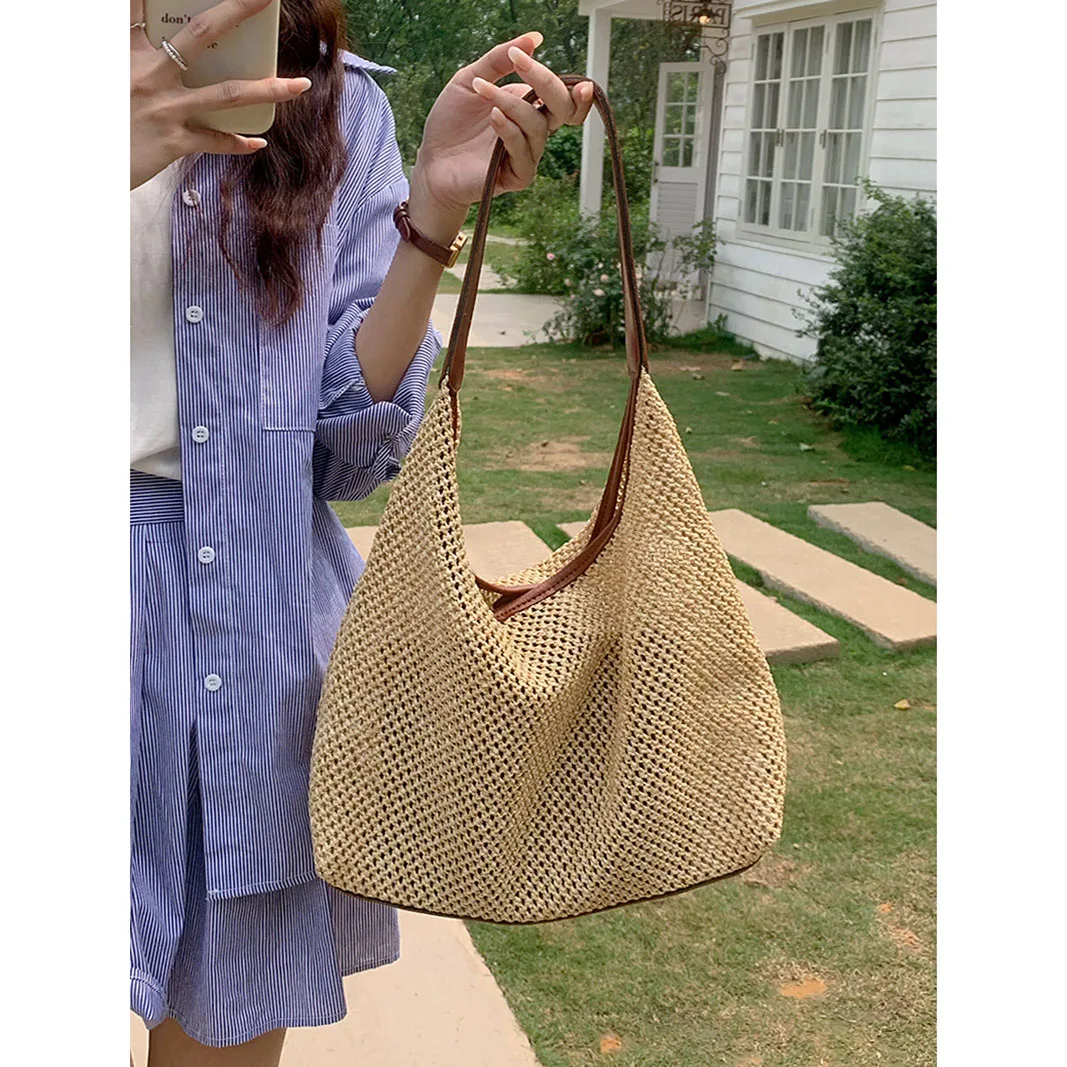 

Purses Woven Casual Bucket Straw Underarm Bag Large Capacity Solid Color Shoulder Women Knitting Holiday Beach Shopping Bag