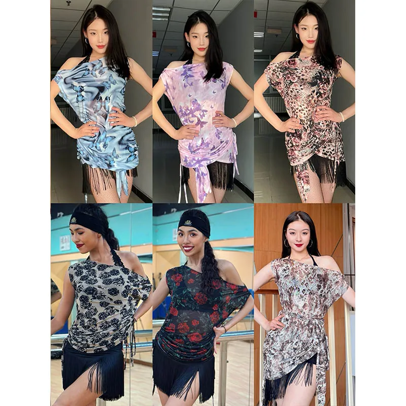 

Summer Latin Dance Tops Women Slant Shoulder Mesh Leopard Pink Blue Tops Adult Rumba Samba Salsa Dance Practice Wear DNV23827