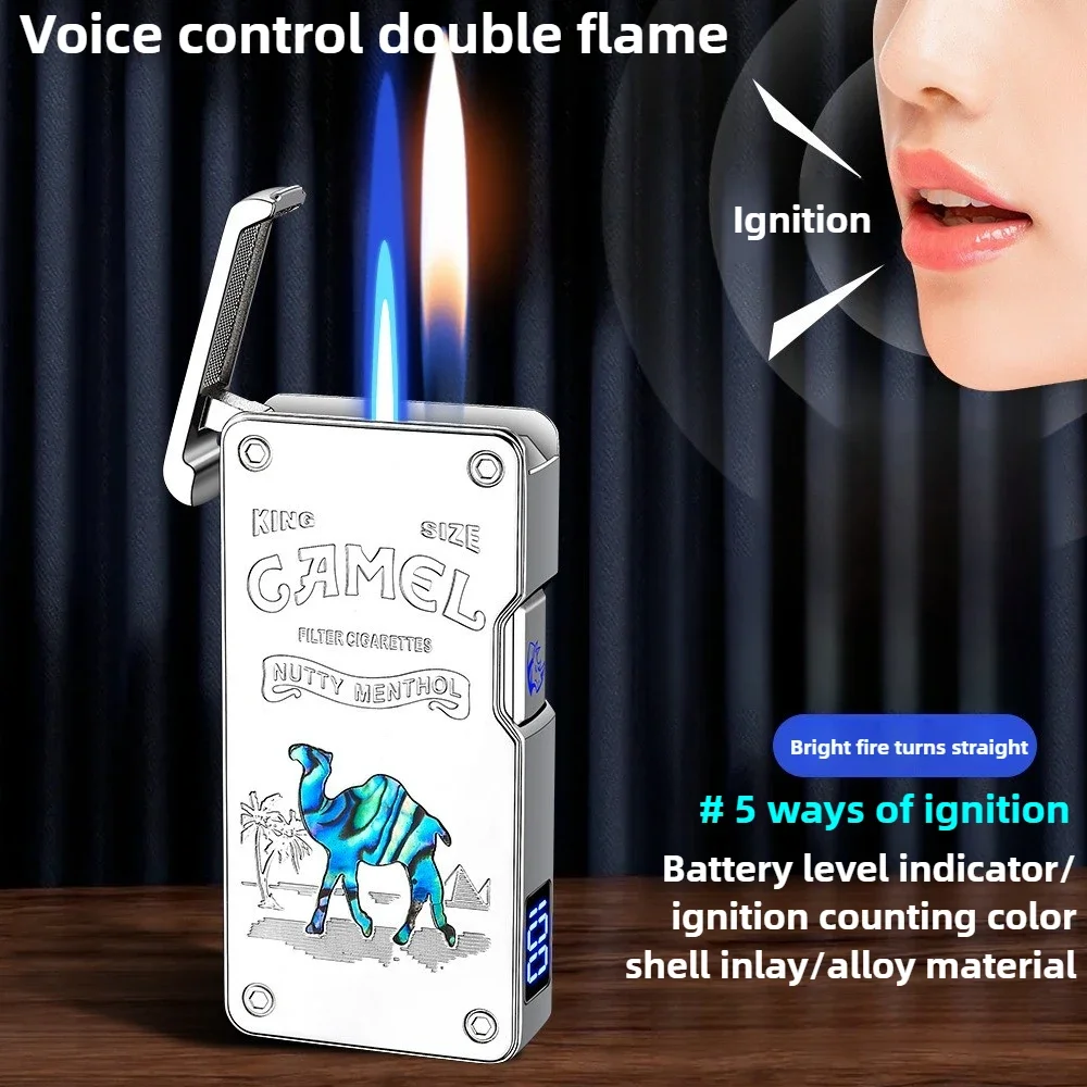 New Intelligent Voice-controlled Dual-fire Conversion Butane Gas Lighter Luminous Color Shell USB Charging Lighter Gift Set