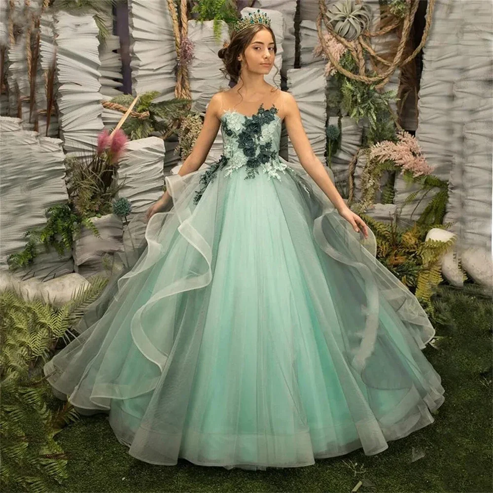 

New Elegant Mint Green Sleeveless Tulle Ruffles Flower Girl Dresses For Wedding Princess Lace Appliques First Communion Gowns