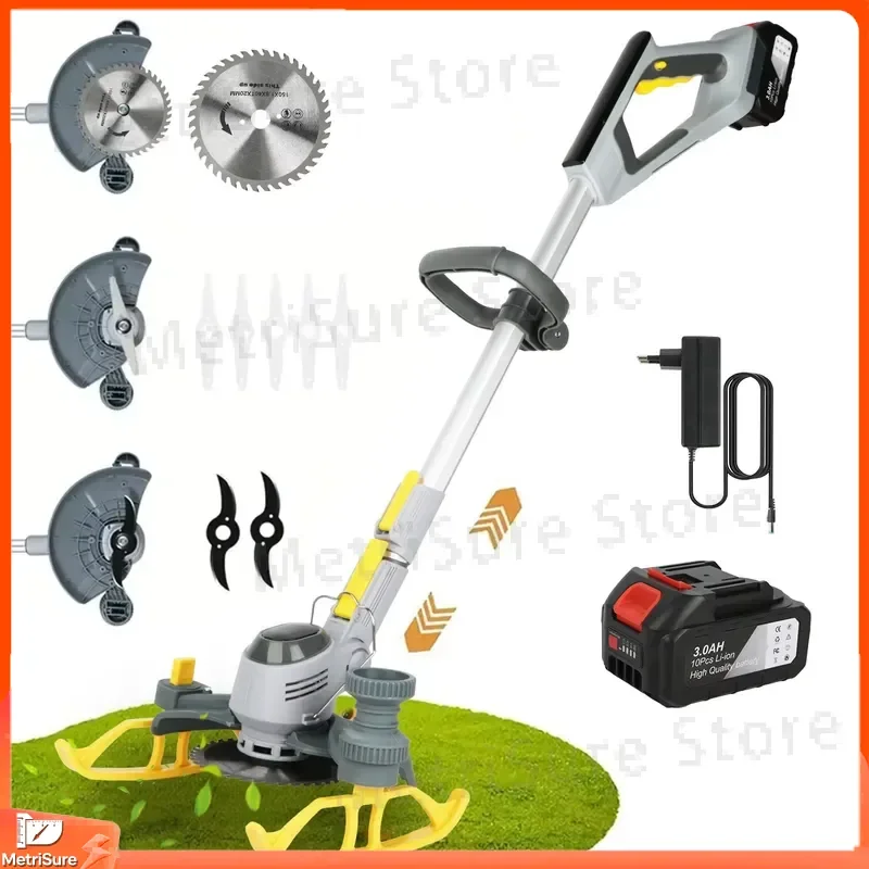 2-in-1 Cordless Lawn Trimmer and Lawn Mower with Adjustable Handle Height 3 Interchangeable Blades for Grass