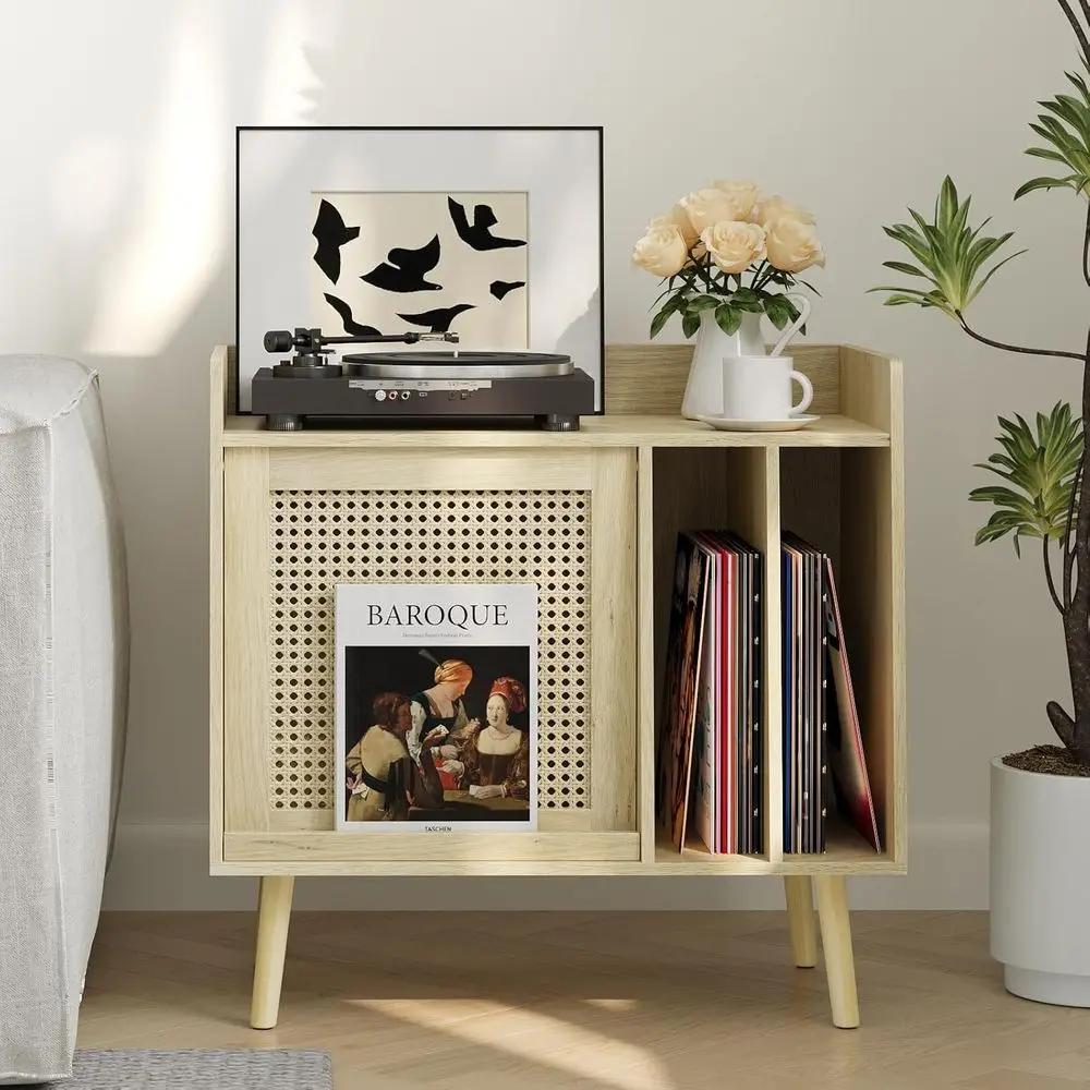 

Record Player Stand with Vinyl Storage, Record Player Table with Rattan Cabinet Door, Vinyl Record Holder with Display Area, Sid