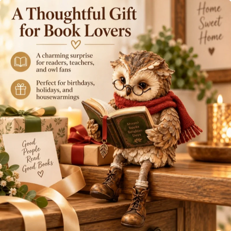 Reading Owl Figurine Cute Whimsical Bookshelf Decor Shelf Sitter with Scarf and Dangling Legs Desk Ornament Book Lovers Gift
