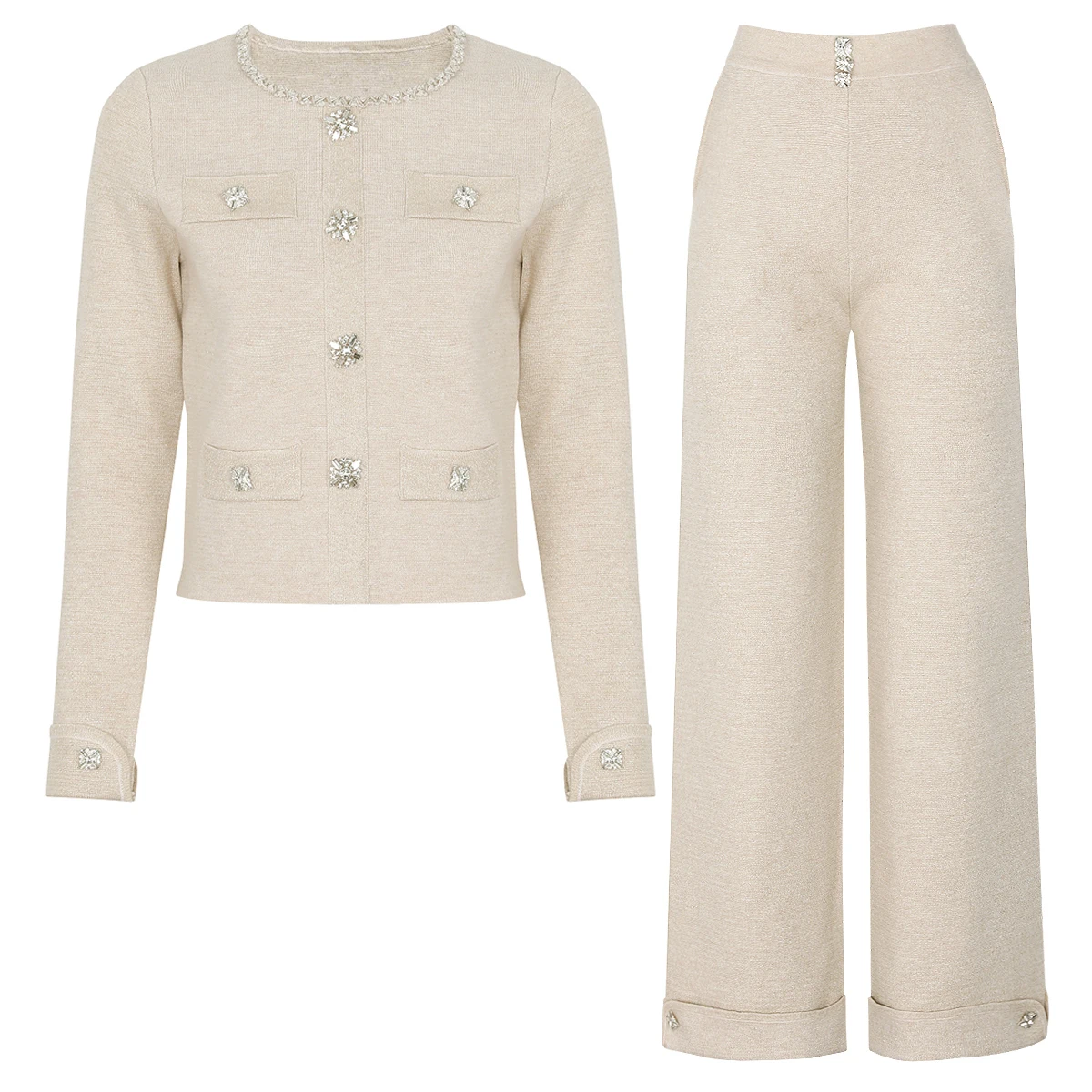 25302 Hohe Qualität Frühling und Herbst Neue Mode Angepasst Diamant Taste Gestrickte Casual Pendler Top strickjacke + hosen Frauen Set