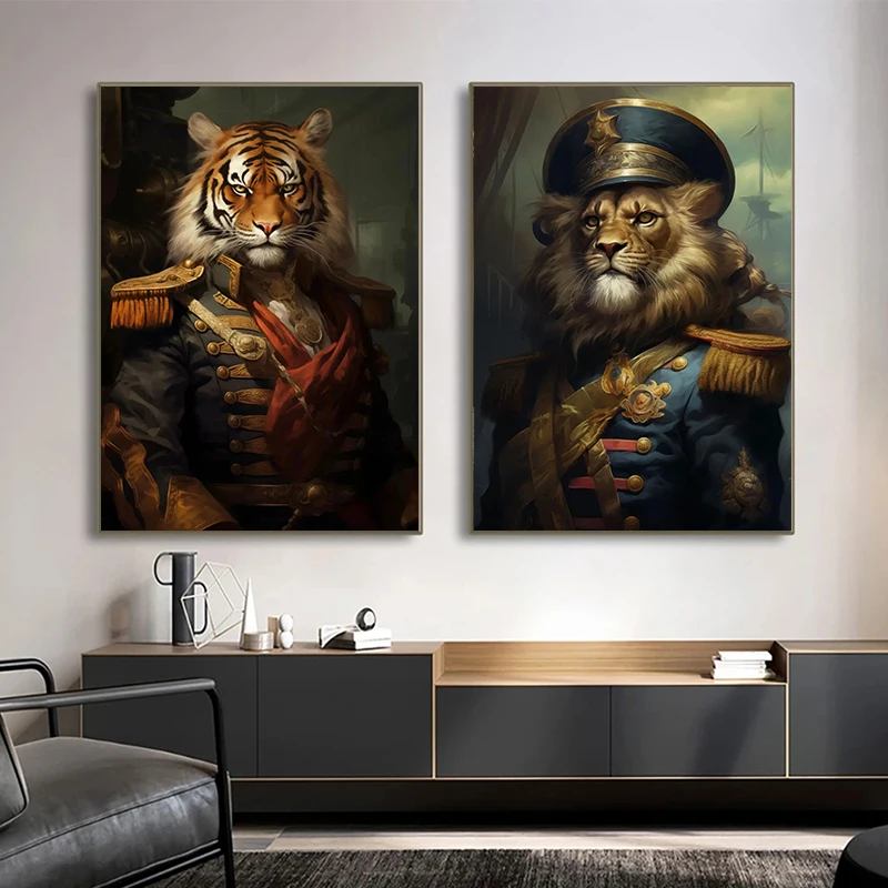 Vintage Animal Head Human Body Canvas Painting And Prints Cat Dog Lion Cow Tiger Rabbit Court Style Posters Wall Art Home Decor