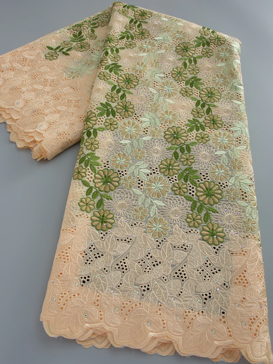 

African Cotton Lace Fabric Embroidery High Quality 2026 African Cotton Lace Fabric with Stones For Party Dress Sew 5Yards