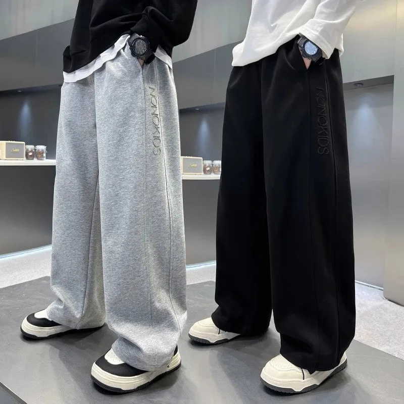 Pantalones informales de otoño para niños, pantalones deportivos holgados de algodón para niños 120-170, pantalones de Hip Hop negros y grises para niños, ropa de primavera para niños