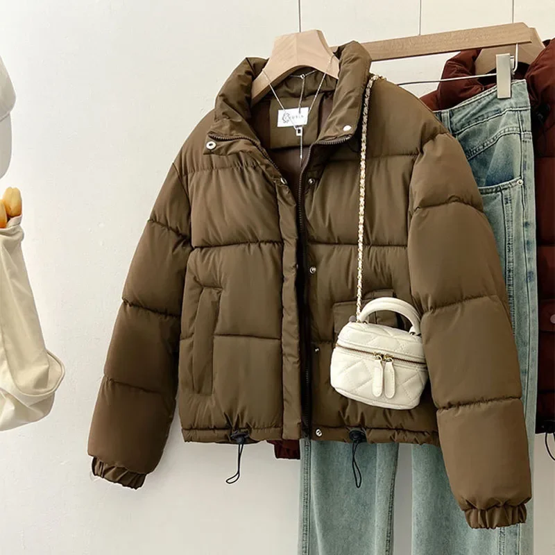 New Women's Short Down Cotton Coat Winter Warm Padded Jacket Stand Collar Female Casual Cold Parker Cotton Clothes Zipper Brown