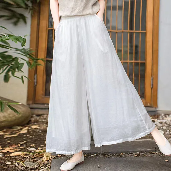 

Summer White Chinese Sle Vintage Wide Leg Pants Women's Elastic Waist Skirt Pants Silk Linen Long Casual Pants