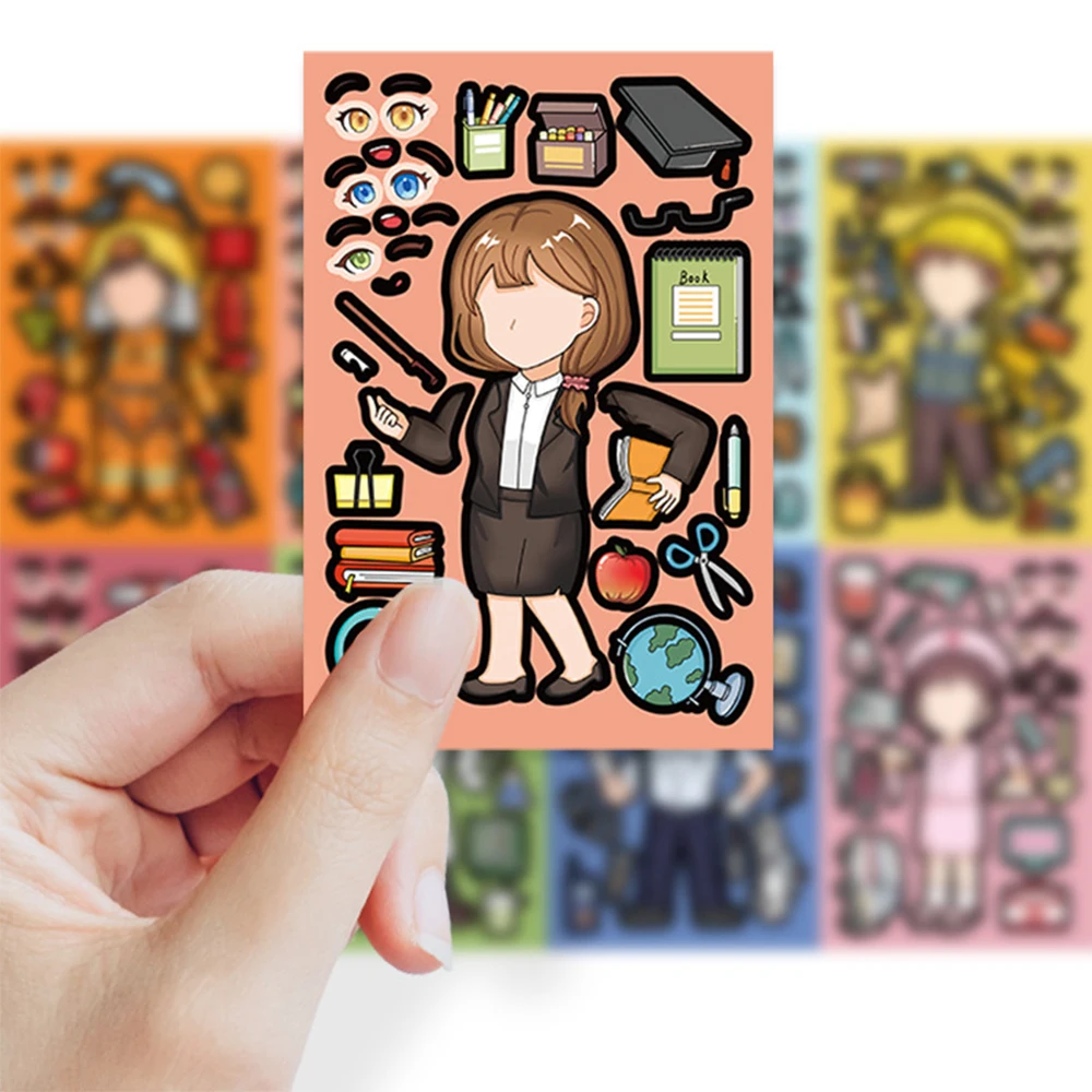 

8/16sheets Make a Face Firefighters Policeman Doctors Puzzle Stickers DIY Your Own Professional Assemble Jigsaw Decals Party Toy