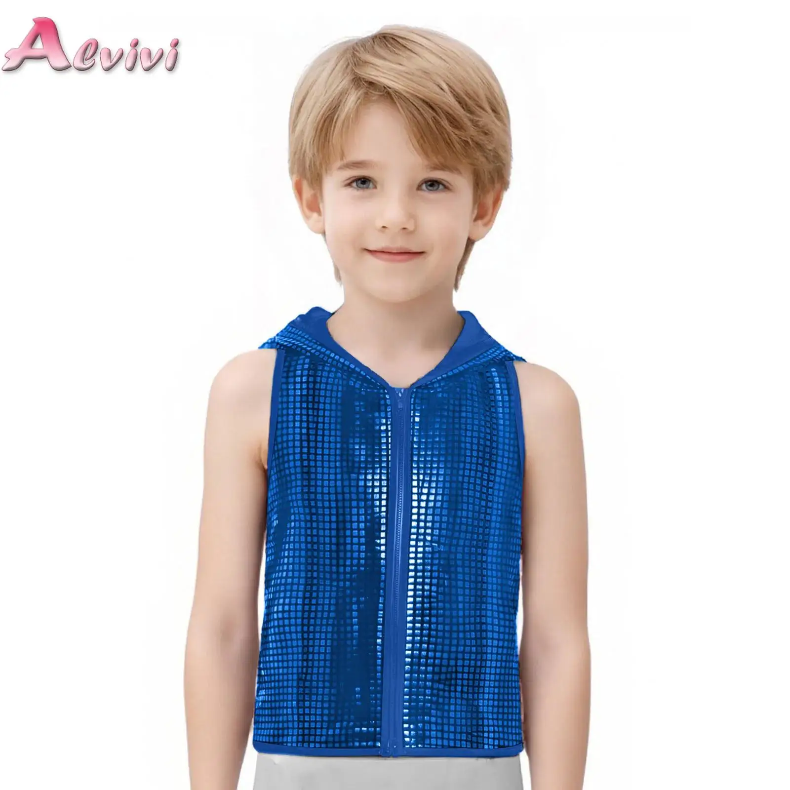 

Children Metallic Plaid Racer-Back Hooded Vest Hip Hop Street Jazz Dance Choir Vest Metallic Waistcoat Stage Performance Costume
