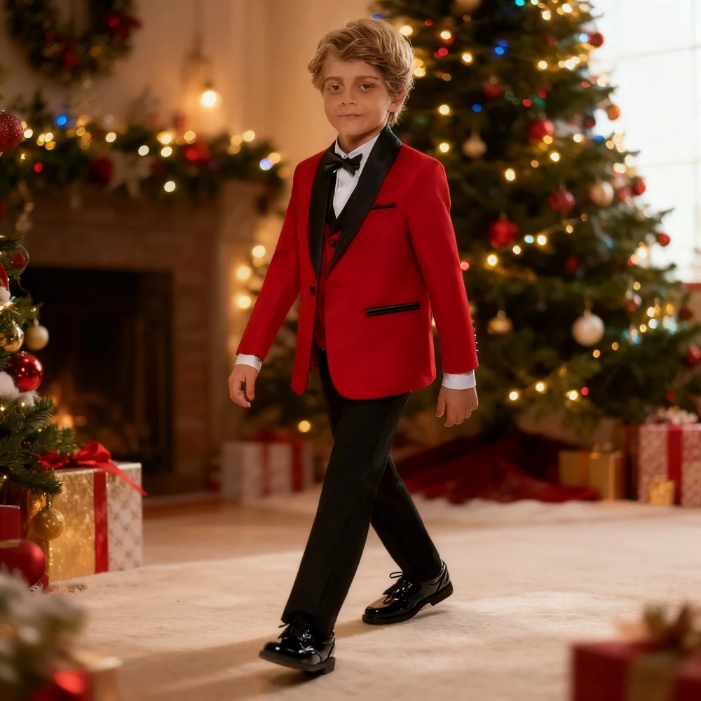 

Vibrant Textured Red and Black Children Formal Suit Flower Boy Tuxedo for Wedding and Birthday Blazer Vest Pants Bow Tie