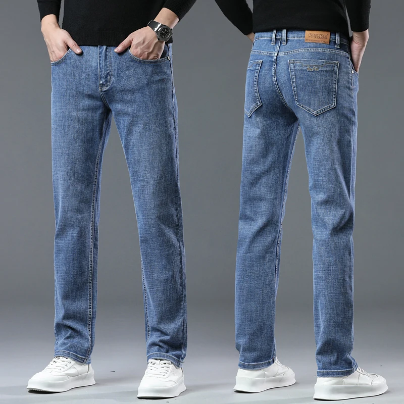 SULEE Jeans dritti da uomo ricamati Business Fashion Pantaloni in denim casual elastici Pantaloni in denim quotidiani a vita media di alta qualità da uomo