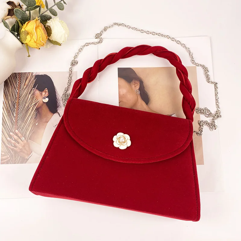 Red Retro Premium Wedding Bag Bridal Bag New Camellia Tote Bag Fashion One Shoulder Cross-body Bag Bag