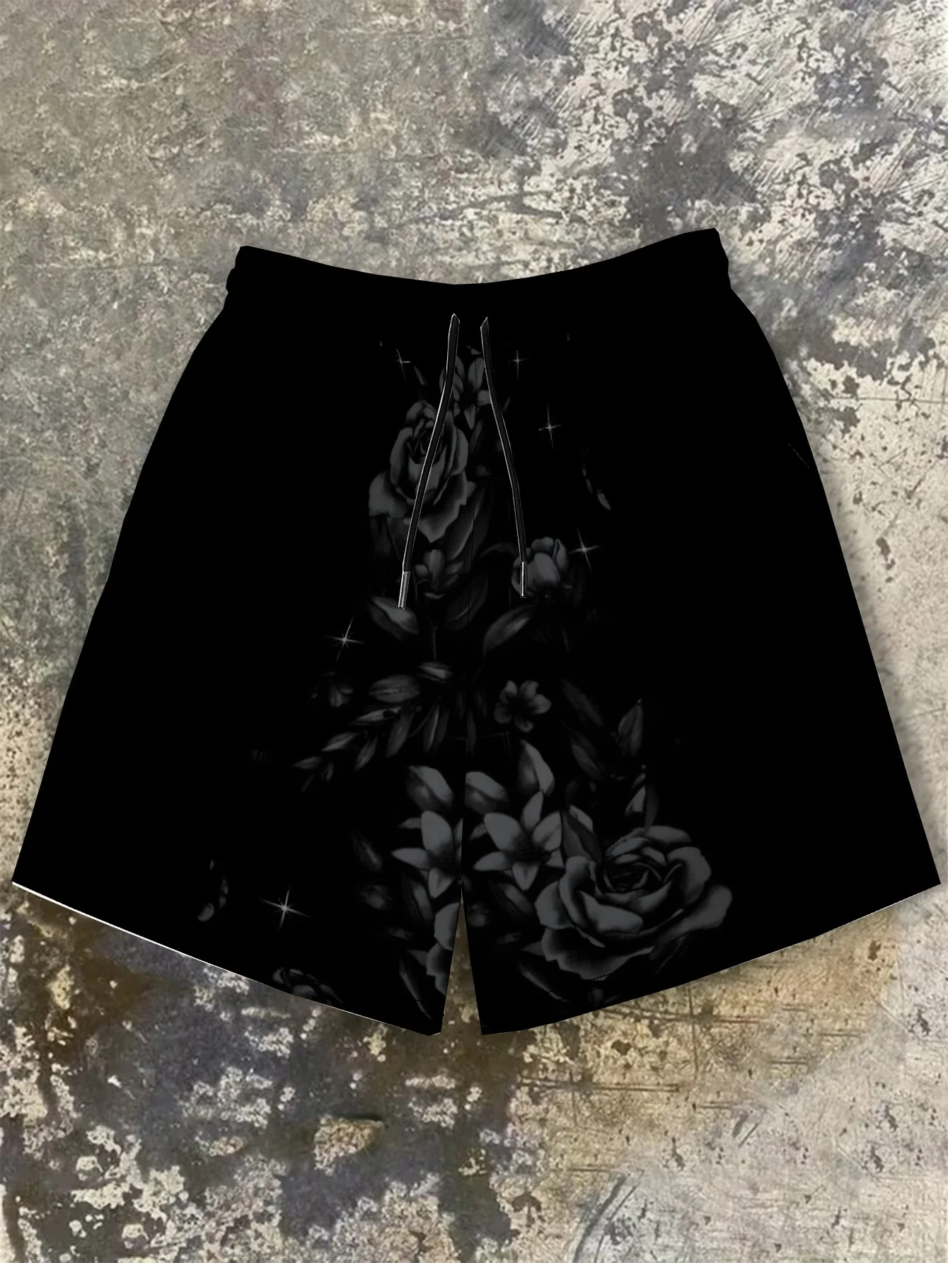 2026 New Black Dark Rose Floral Print Mens Shorts Elastic Waist Running Workout Gym Sports Male Casual Shorts