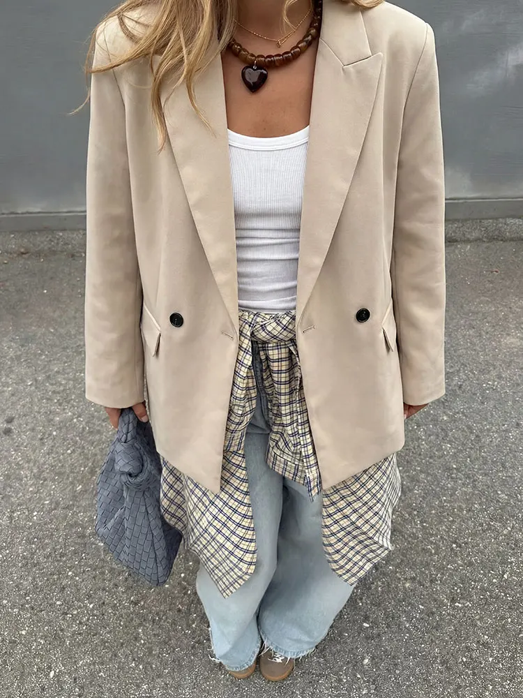 Hot deal: Womens Oversized Beige Blazer Double Breasted Long Sleeve Outerwear with Pocket Details for Daily Date Casual Outings