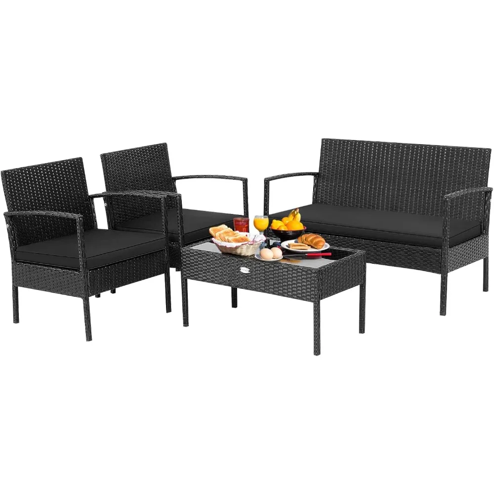 

4 Piece Patio Rattan Conversation Set, Outdoor Wicker Furniture Set W/Glass Coffee Table, Solid Steel Structure, Ergonomic Seat