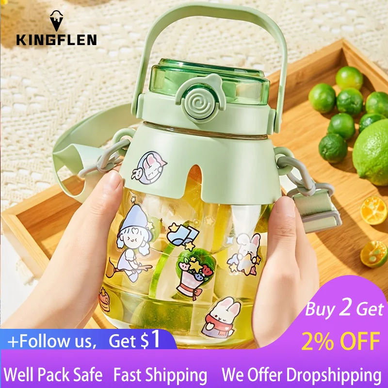 

1pc Kawaii Water Bottles, 43.9oz/1300ml, Leak-proof Plastic Cup, Large Capacity Straw Bottle With Adjustable Shoulder Strap