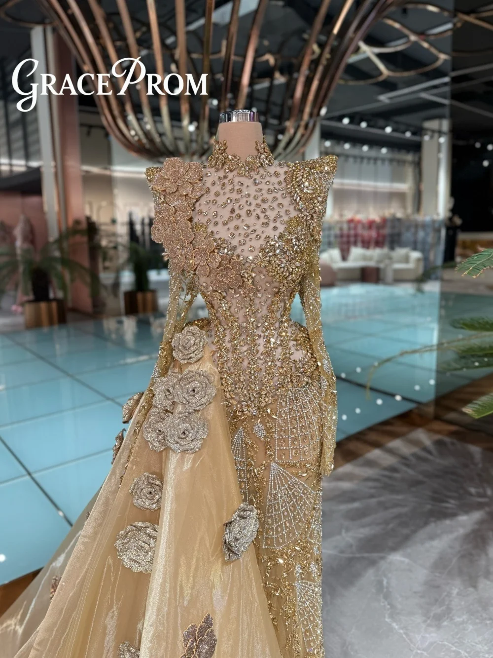 

GraceProm High Neck Sheer Gold Evening Dress 2026 3D Floral Applique Train Gown Fashion Floor-Length Party Gown robes de soirée