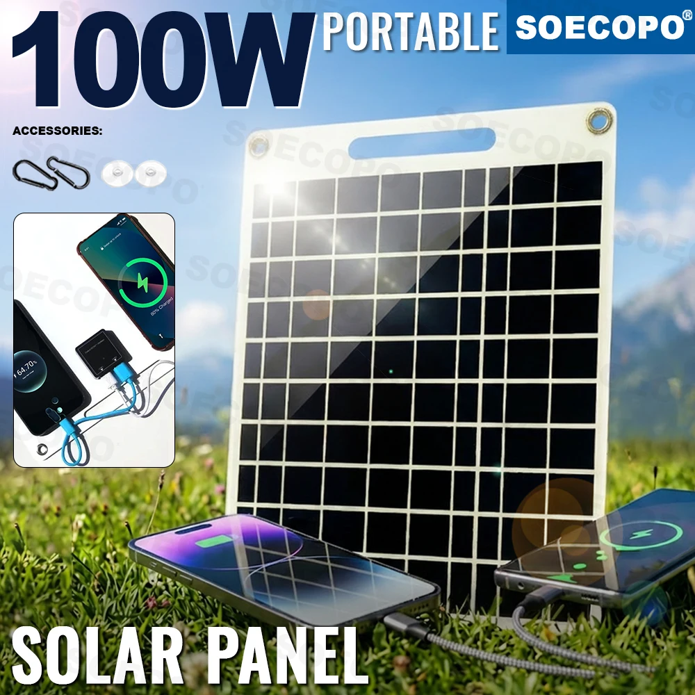شاحن لوحة طاقة شمسية محمول سريع 100 وات، طاقة شمسية عالية الكفاءة مع منفذي USB مقاوم للماء للمغامرات الخارجية للهاتف #1