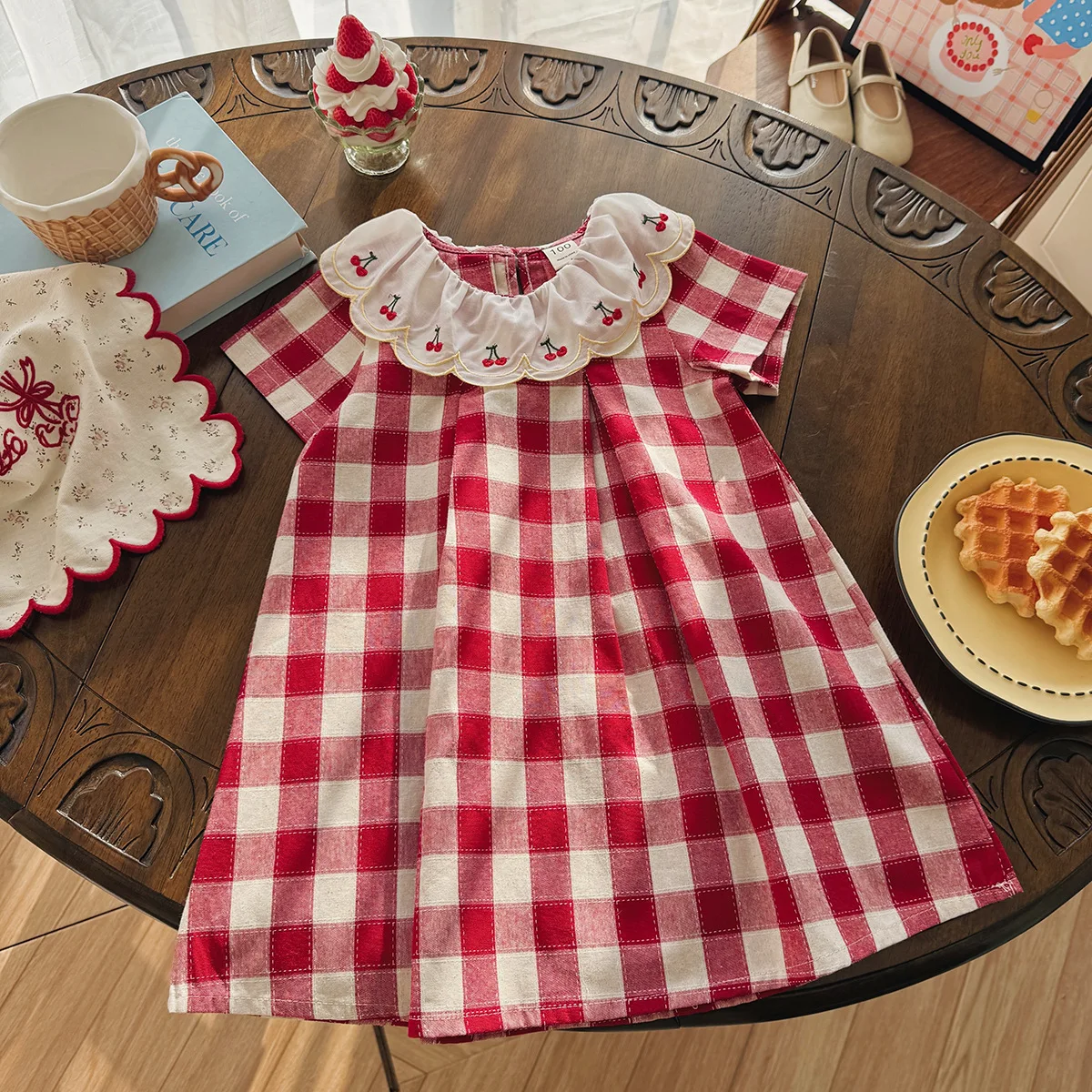 

2026 Summer Children's Clothing Cherry Embroidered Plaid Girls' Dress Lapel Lace Baby Girl Short-sleeved Skirt