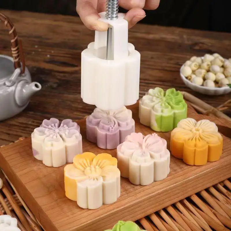 Mooncake Mold Plastic Hand-Pressure Cookie Stamps Flower Cherry Pattern Plungers Pastry Decoration Tool Mid-Autumn Festival