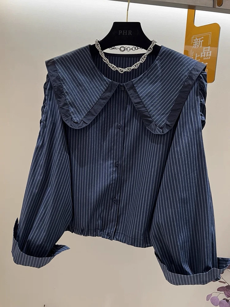 

Gidyq Elegant Striped Shirt Women Vintage Sweet Peter Pan Collar Cute Blouse Fall Long Sleeve Loose Lady Korean High Quality Top