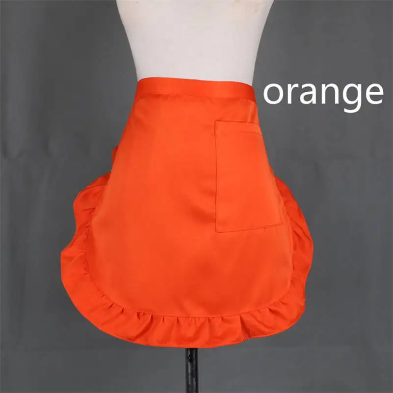 Solid Color Waterproof Half Short Waist Apron Women Cute Frilly Pockets Chef Cafe Server Waiter