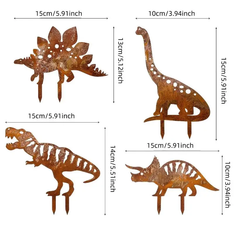 Metal Rust Dinosaur Garden Stake Set of 4 Outdoor Patio Decor Rustic Antique Metal Ornament Art for Garden Pathway Display