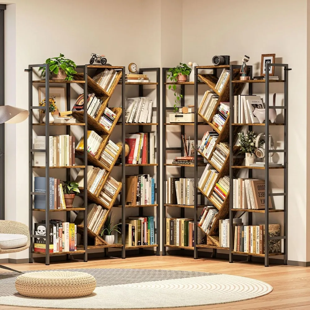 رف كتب خشبي كبير على الطراز الصناعي مع 19 رفًا مفتوحًا، وحدة عرض طويلة تشبه شجرة لمساحات المعيشة